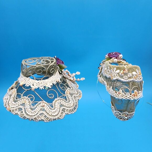 Vintage Ivory Lace Shoe & Hat Ornaments Pink Rose Rhinestone French Country Deco - Picture 6 of 11